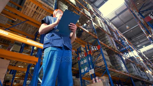 Un trabajador de almacén cerca de grandes bastidores con mercancías. 4K . — Vídeos de Stock