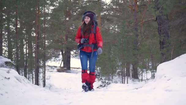 Lächelnde niedliche Touristin mit Fotokamera, die im Wald spazieren geht. hd. — Stockvideo