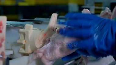 İşçiler ellerini tavuk göğsü kapaklar üzerinde dikey yuva.