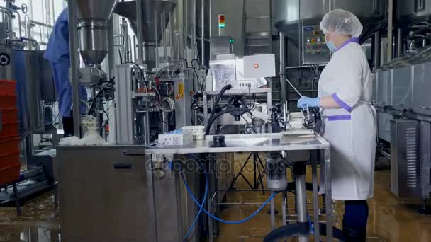 Two workers at a dairy factory line with ready product. — Stock Video