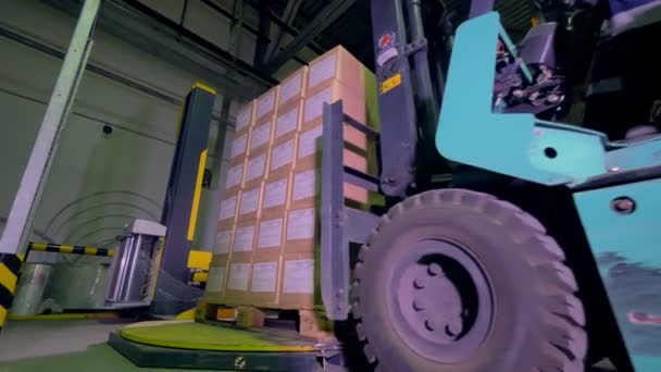 Logistics and shipping facility. Forklift move boxes and goods in warehouse. 4K. — Stock Video