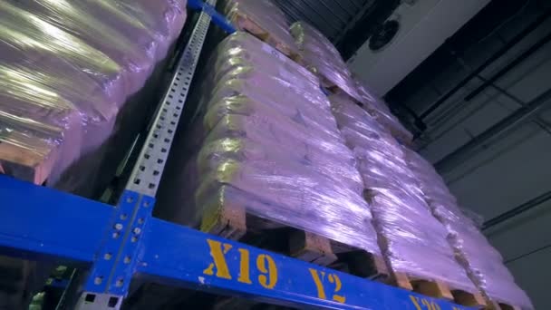 Vele pallets met tassen bij een magazijn rekken ingepakt. Magazijn interieur. 4k. — Stockvideo