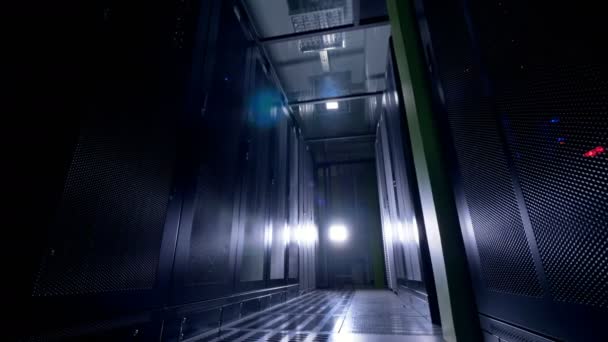 Servers racks in dark room. Modern datacenter. Cloud computing concept. — Stock Video