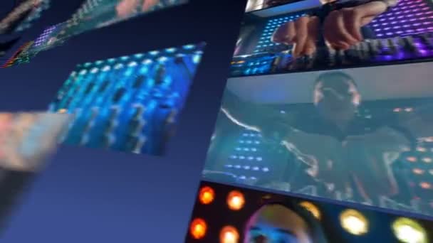 Montage, multiscreen achtergrond. DJ in nachtclub spelen muziek met behulp van draaitafels. — Stockvideo