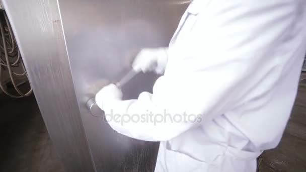 Metzger öffnet Räuchertür mit geräucherten Grillrippchen. Lebensmittelfabrik. — Stockvideo