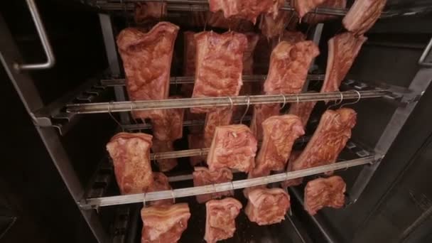 Grillowane żeberka, produkty mięsne w szafie wędzarni w fabryce żywności. — Wideo stockowe