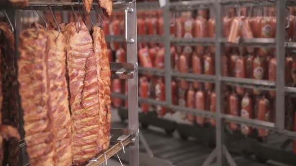 Salsicce, costolette alla griglia, prodotti a base di carne in un magazzino in una fabbrica alimentare. Dolly ha sparato. . — Video Stock