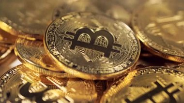 Yakın çekim makro görünümü üzerinde Bitcoin. Sanal Internet Cryptocurrency kavramı.