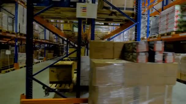 A horizontal view on several aisles of warehouse racks. — Stock Video