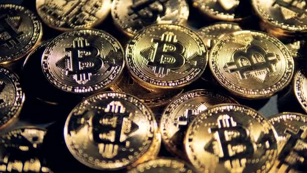 Verschillende Cryptmint bitcoins liggen in een nauwe weergave. — Stockvideo