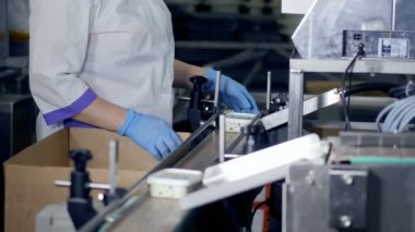 Kadın işçi ambalajlı peynir konveyör alarak.