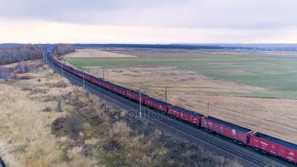 Een kolen trein beweegt langs de dubbele sporen. — Stockvideo