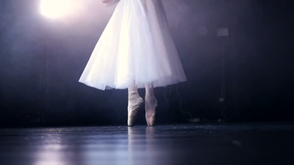 Um palco escuro atrás de bailarinas brancas dança pernas . — Vídeo de Stock