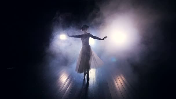 Sűrű köd veszi körül táncoló balerina. — Stock videók