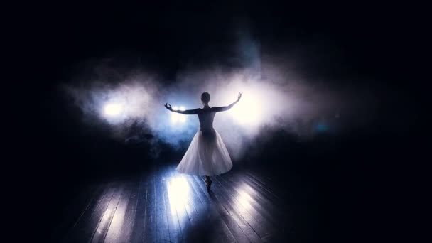 一个独奏的芭蕾舞演员在一间朦胧的房间里表演. — 图库视频影像