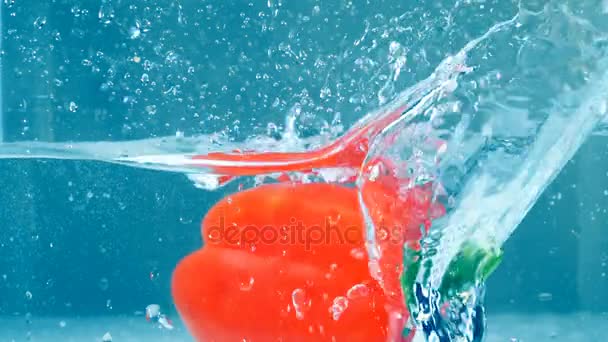 Un pimiento rojo fresco cae en agua clara . — Vídeo de stock