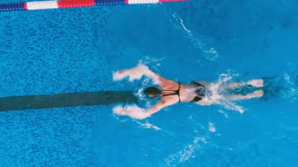Een vrouw bereikt het einde van de baan zwemmen. — Stockvideo