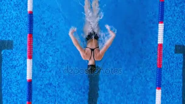 En kvinnlig idrottare praxis i en pool gör professionella stroke. — Stockvideo