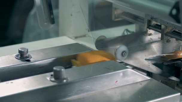 Pâtisserie feuilletée fraîche se déplace dans une machine d'emballage de film . — Video