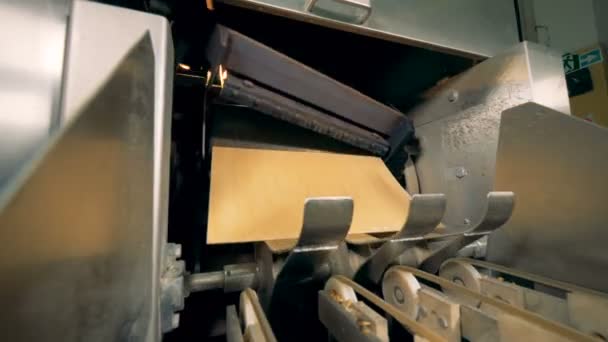 Massa para waffles está se movendo no transportador e cortado em folhas . — Vídeo de Stock
