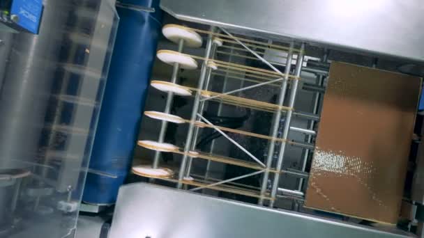 Dough is moving on the conveyor, cut into sheets and covered with chocolate. — Stock Video