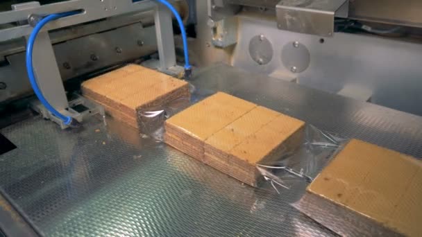 Kaydırılan waffle uzun yığını ayrı paketlere kesilir. — Stok video