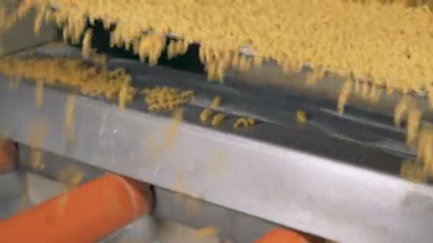 Spaghetti daalt op de transportband van het schudden compartiment. Close-up. — Stockvideo