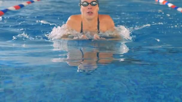 Een vrouw ademt lucht en onderwater dompelt onder in een pool. — Stockvideo