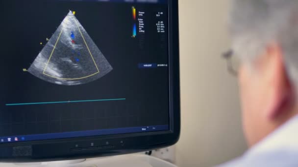 Exposición de ultrasonido está siendo observado por un médico masculino — Vídeos de Stock