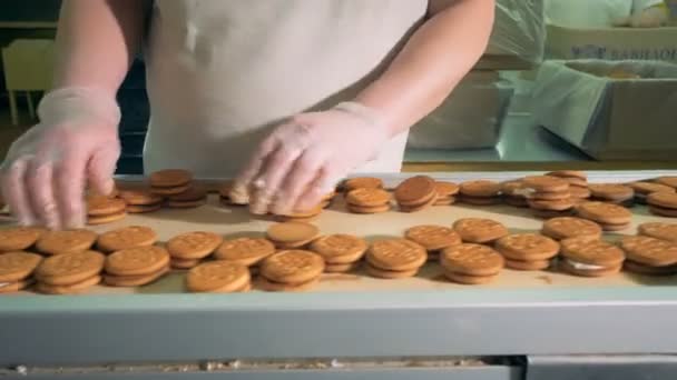 Trabalhador na produção de panificação na fábrica de alimentos que opera o transportador de cookies. 4K . — Vídeo de Stock