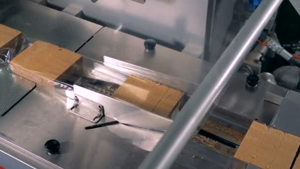Ligne d'emballage de pâtisseries sucrées. Les plaquettes fraîches sont emballées dans un emballage en cellophane .