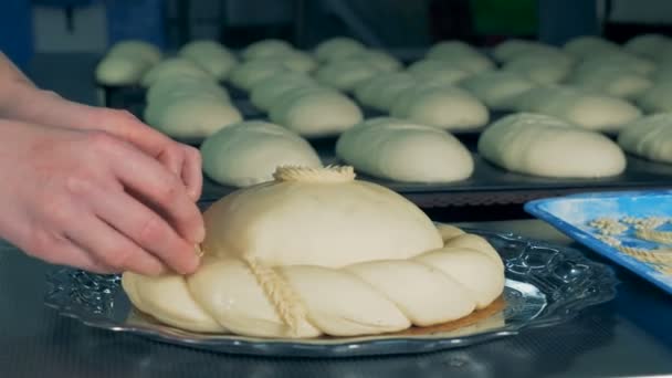 Baker sta decorando un pane rotondo con pezzi di pasta, da vicino — Video Stock