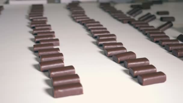 Wiersze czekoladowych słodkości, idąc w dół przenośnika taśmowego — Wideo stockowe