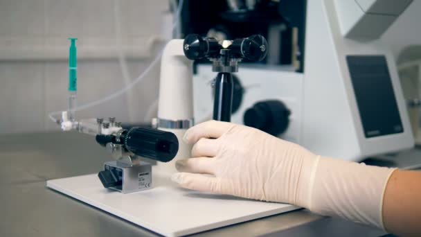 Laboratuvar mikroskop ile bir bilim adamı el workimg yakın çekim. — Stok video