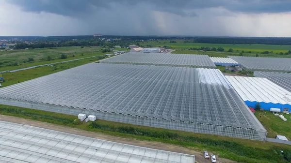 Karanlık bulutlu gökyüzü altında büyük bir sera. 