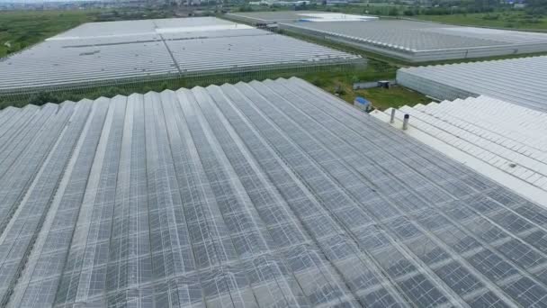 Several commercial greenhouses as seen from the air. — Stock Video
