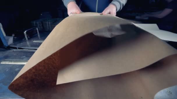 Hembra manos embalaje productos en caja de papel en planta industrial . — Vídeo de stock