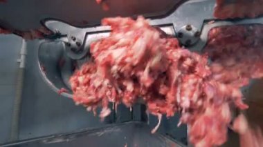 Kıyılmış et bir makineden bir konteyner içine düşüyor