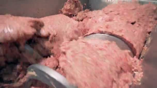 Wasser wird in eine Rührmaschine gegossen, in der Fleisch verarbeitet wird — Stockvideo