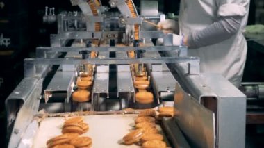 Endüstriyel makine ve bisküvi üreten bir kadın işçi tarafından kontrol ediliyor