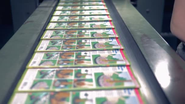 Close-up de revistas que se deslocam ao longo da correia transportadora, sendo recolhidos e guardados por um funcionário — Vídeo de Stock