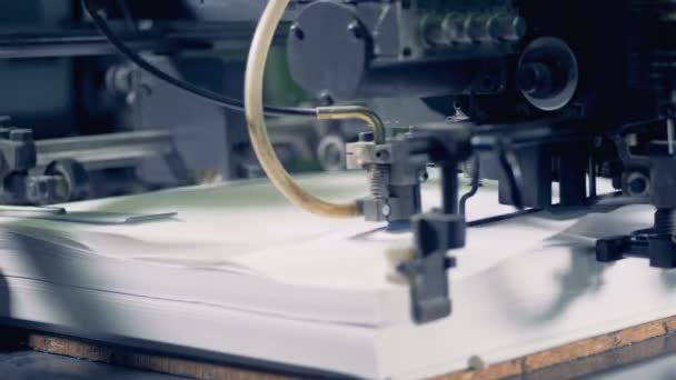 Meerdere vellen papier ontheemd zijn krijgen door een industriële machine op een hoge snelheid — Stockvideo