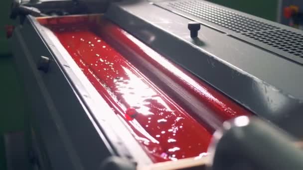 Druckwalze dreht sich und taucht sich in rote Farbe — Stockvideo