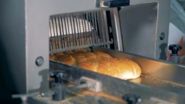 Uzun ekmek Kesme Makinası, fırında ekmek keser. Ekmek dilimleme makinesi çalışma.