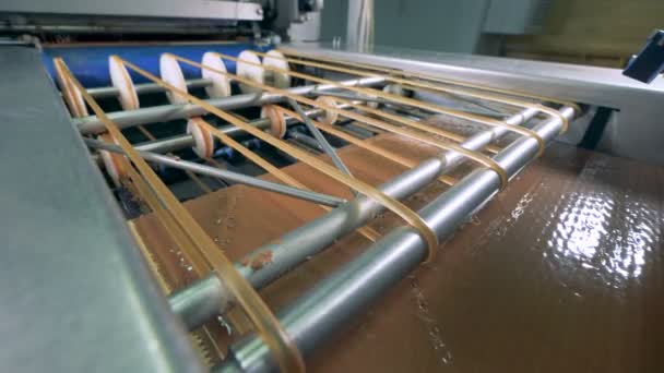 Un waffle está siendo montado por varias capas cubiertas de chocolate que se colocan una encima de la otra — Vídeo de stock