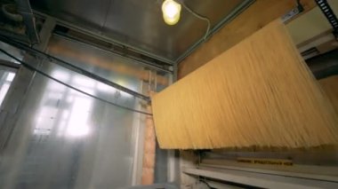 Spagetti üretim hattı. Spagetti çubuk üzerinde asılı ve relocated