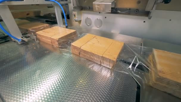 Gros plan des gaufres enveloppées et des paquets séparés les uns des autres — Video