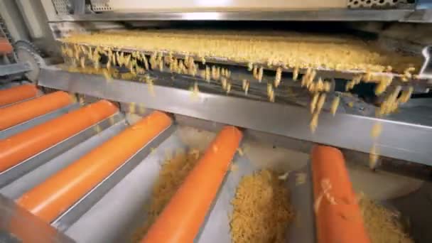 Separate sections of a conveyor belt are getting filled with macaroni. Pasta, macaroni, noodle, spaghetti production line. — Stock Video
