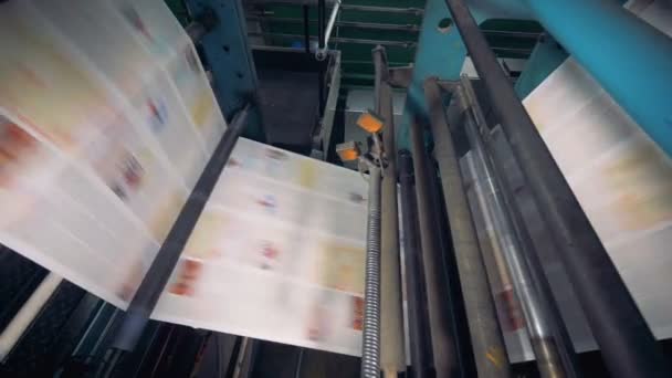 Conveyor with numerous freshly printed newspapers. 4K. — Stock Video