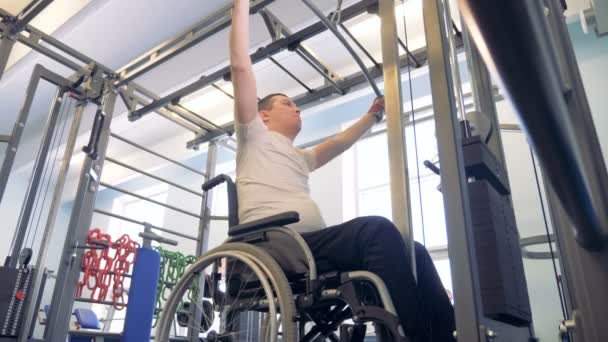 Processus d'entraînement d'un handicapé en fauteuil roulant avec mécanisme d'haltérophilie — Video